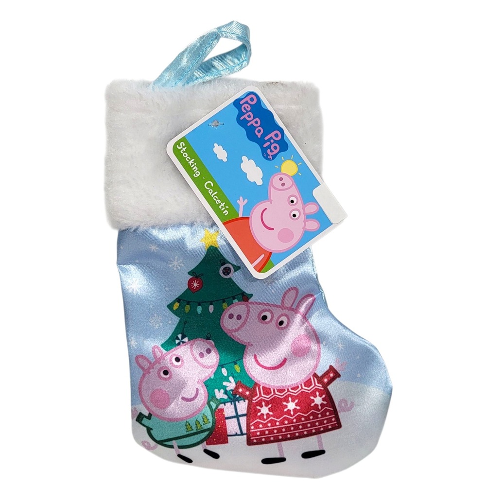 Peppa Pig Christmas Stocking‎ Mini 7" Blue Satin Faux Fur Holiday Festive Decor